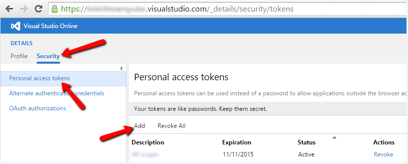 visual studio for mac use personal access token to access vsts